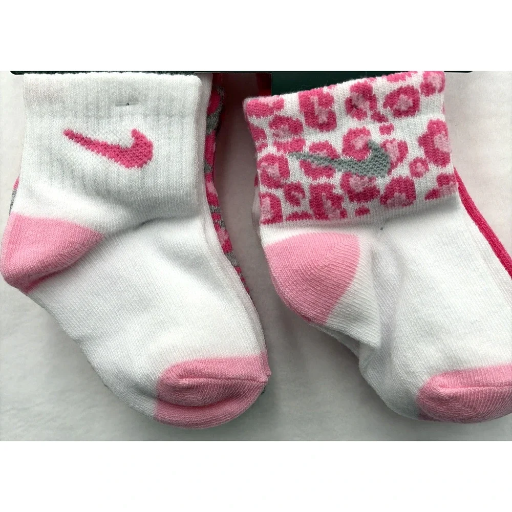 Nike Toddler Girl Ankle Socks 2-4 Yrs Pink, White & Gray Leopard Print 6 Pk NEW